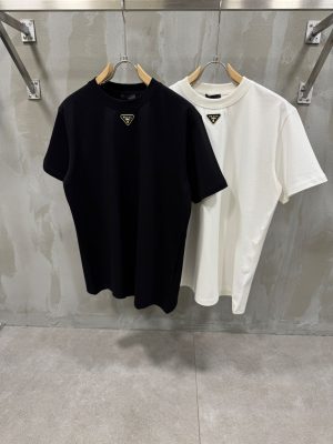 White prada neck logo knitwear cotton tee