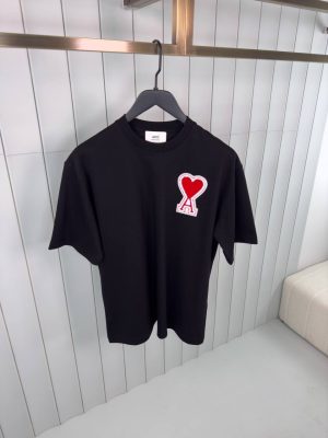 Black Ami paris red logo patch embroidered cotton tee