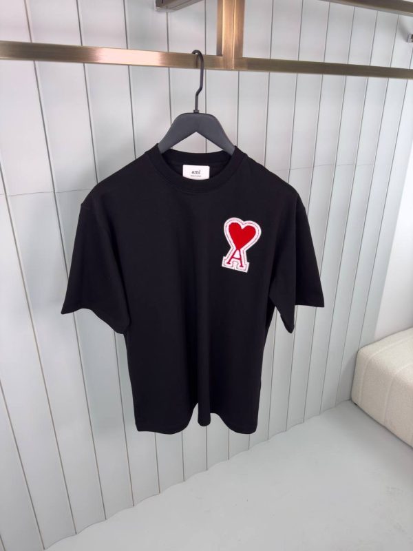 Black Ami paris red logo patch embroidered cotton tee