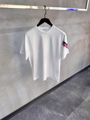 White Moncler sporty tricolor sleeve print cotton tee