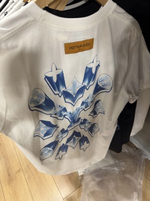 White LV blue graphic design logo patch cotton tee