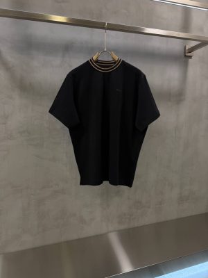Black Zegna beige ribbed stripe collar cotton tee