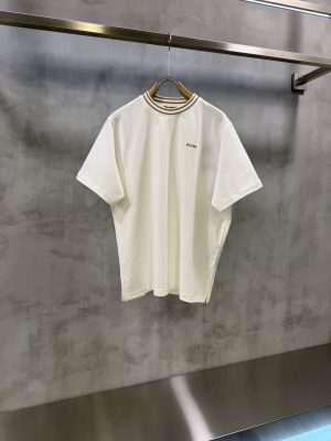 White Zegna beige ribbed stripe collar cotton tee