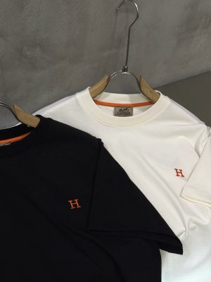White Hermès orange embroidered “H” logo crew neck cotton t-shirt