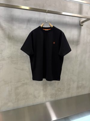 Black Hermès orange embroidered “H” logo crew neck cotton t-shirt
