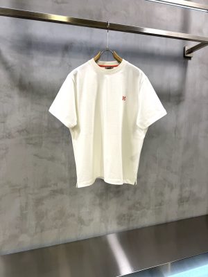 White Hermès orange embroidered “H” logo crew neck cotton t-shirt