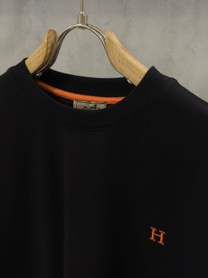 Black Hermès orange embroidered “H” logo crew neck cotton t-shirt