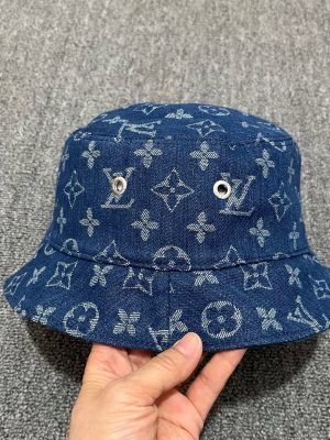 Blue LV all-over monogram pattern reversible bucket hat
