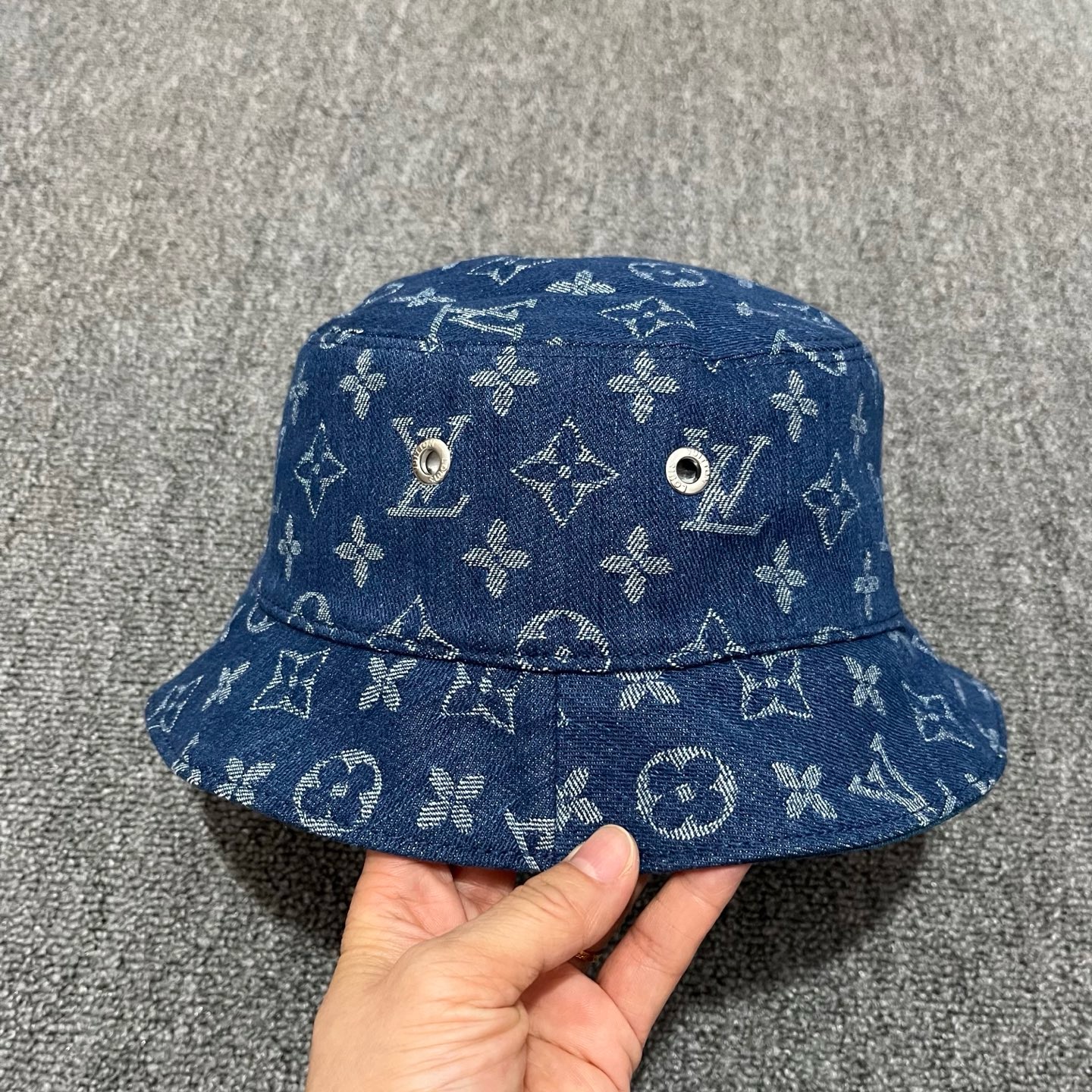Blue LV all-over monogram pattern reversible bucket hat