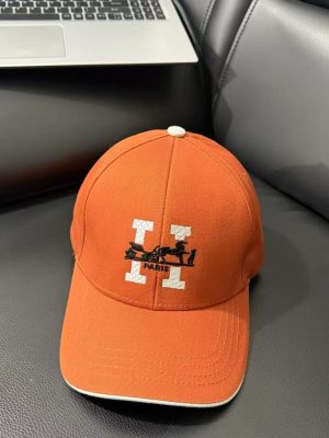 Orange Hermès signature carriage paris embroidered baseball cap