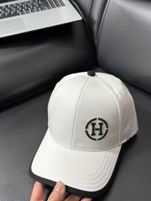 White Hermes embroidered circular “H” logo black trim baseball hat