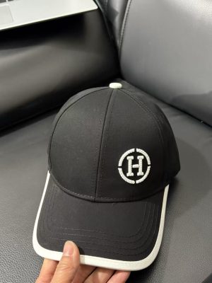 Black Hermes embroidered circular “H” logo white trim baseball hat