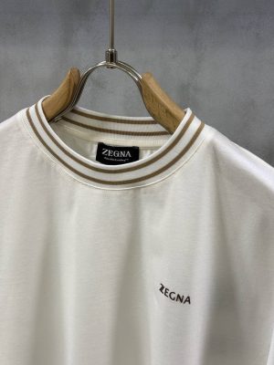 White Zegna beige ribbed stripe collar cotton tee