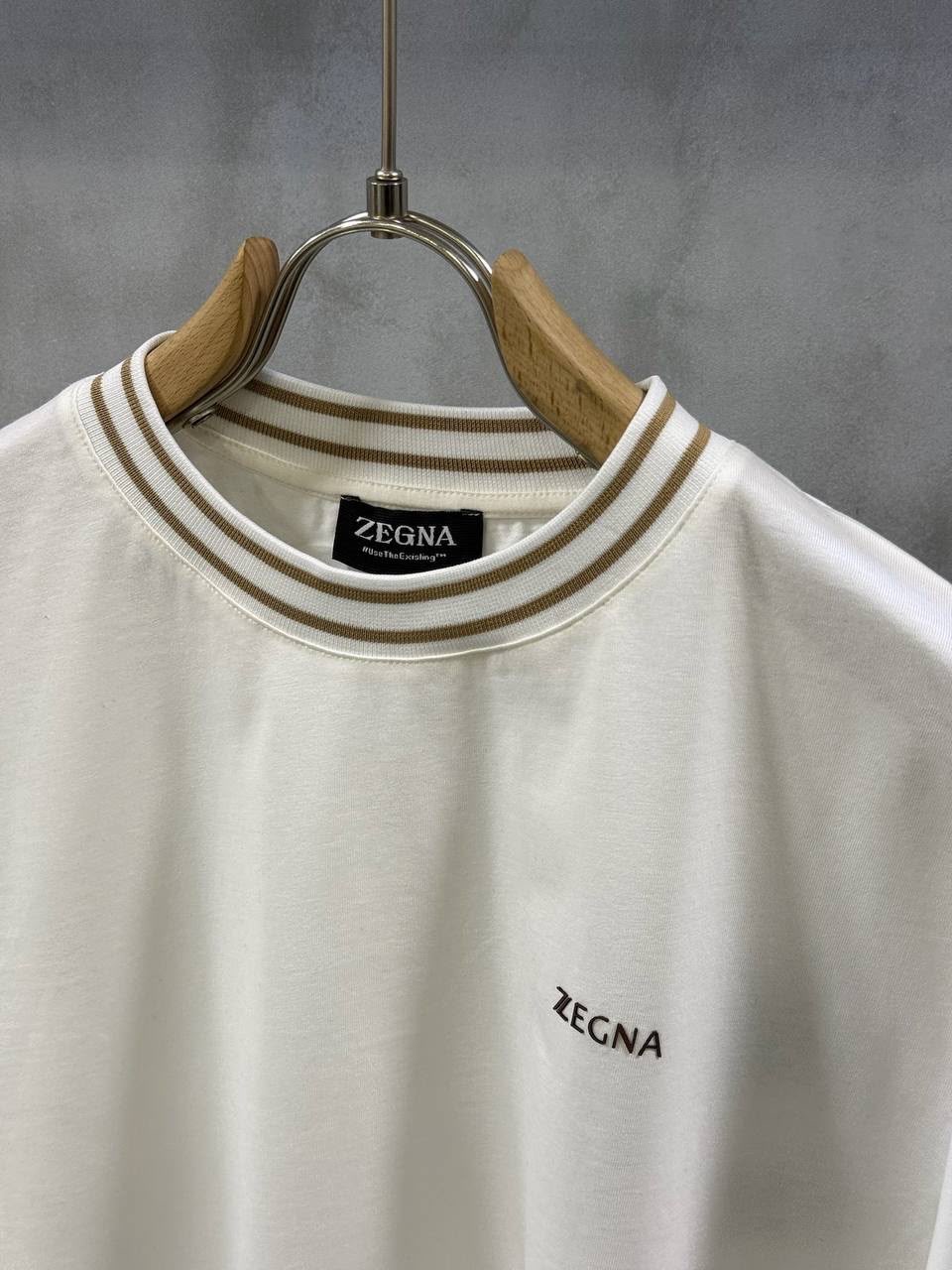 White Zegna beige ribbed stripe collar cotton tee - Image 2