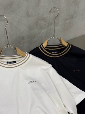 Black Zegna beige ribbed stripe collar cotton tee